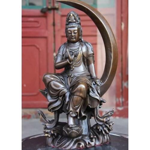 Copper Bronze lotus flower Crescent Kwan-yin Guan yin Bodhisattva Buddha Statue