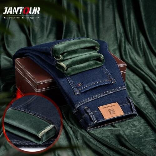 2021 New Winter Mens Thick Warm Jeans Classic Style Business Casual Elasticity Denim Pants Male Trousers Black Blue 28-40