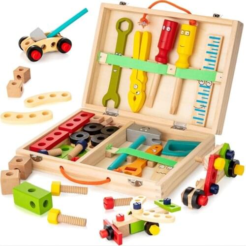 Tool Kit for Kids, Wooden Tool Box with Colorful Wooden Tools, Building Toy Set Creative DIY Educational Construction Toy