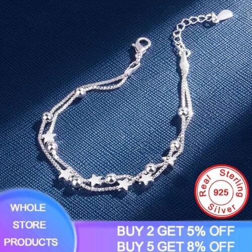 Whole Solid 925 Sterling Silver Bracelets Double Layered Stars Beads Chain Bracelets & Bangles For Women Girls Wedding Jewelry