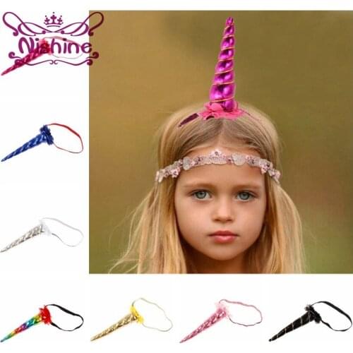 Nishine Unicorn Horns Headband Chiffon Flower Girls Kids Headwear Felt Padded Party Unicorn Headbands Hair Accessories