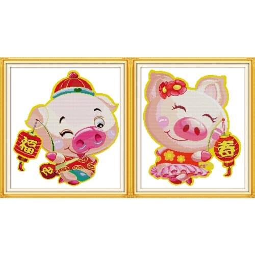 NKF Blessing-Pig Stamped Animal Cross Stitch Patterns DIY Kits Needlework Embroidery Chinese Cross Stitch Sets for Home Decor