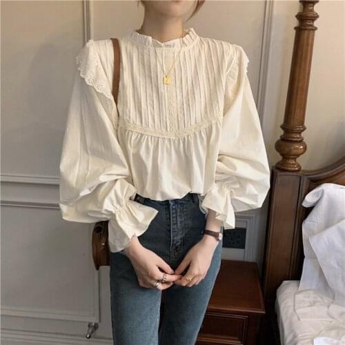 2021 New Japanese Cute Puff Sleeve Women Shirts Kawaii Lace Tops Turtleneck Ladies Shirts