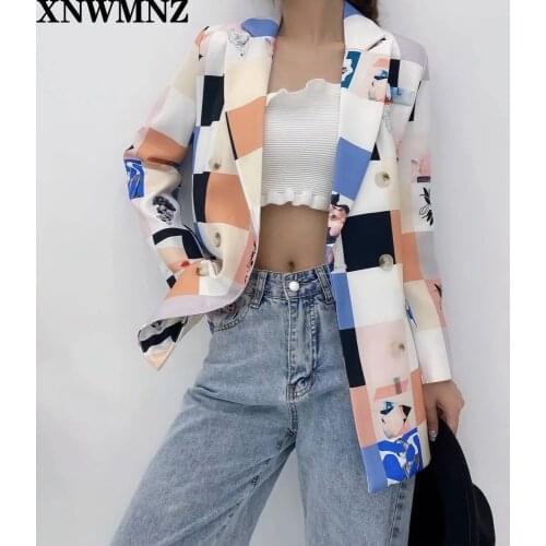 Za 2020 Fall Womens New Long - Sleeved Lapel Coat Slim and Interesting Geometric Pattern Square Printed Mosaic Suit Female Top