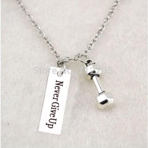 New Arrival Fitness Weightlifting jewelry Dumbbell barbell and Never Give Up sport Gym necklace