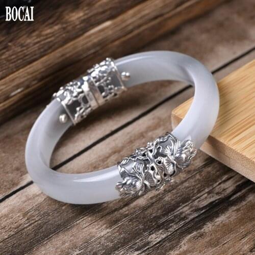 BOCAI New S925 pure silver vintage fashionable silver peony flower synthetic opal woman bracelet