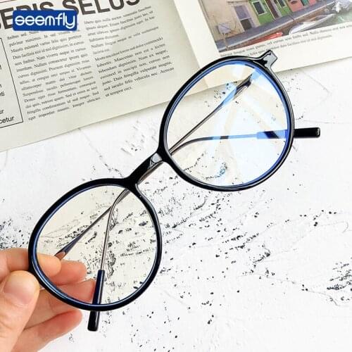 Seemfly Vintage Anti Blue Light Plain Glasses Men Women Round Ultralight Metal Glasses Frame Student Clear Lens Computer Goggles