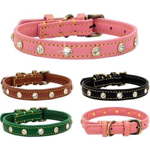 Cat Dog Collar Genuine Leather Soft Bling Collars for Small Medium Dogs Collar Adjustable Crystal Diamond Small Puppy Cat Collar