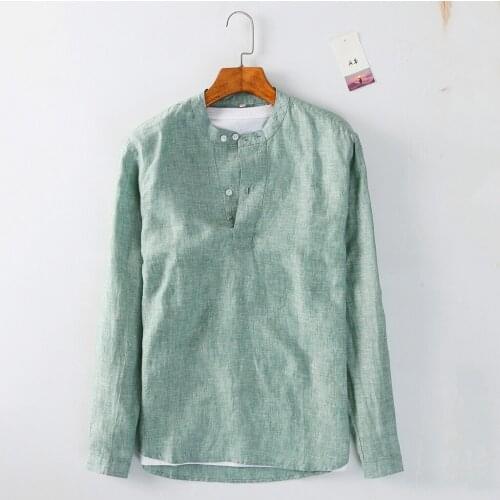 C011 Spring Male Pullover Linen Shirts Simple Comfortable Breathable Long Sleeve Stand Collar Regular-Fit Men Causal Daily Tops