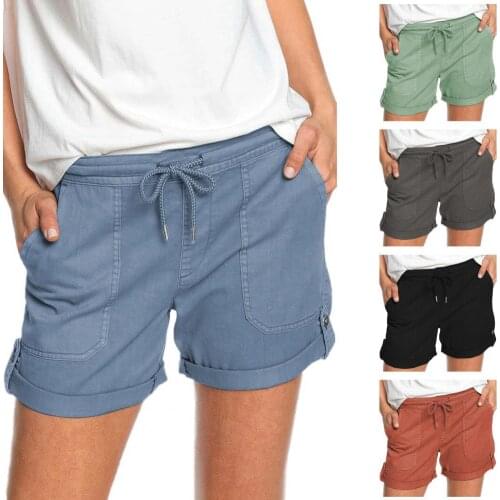 Shorts Mid Rise Solid Color Women Drawstring Pockets Short Pants for Summer шорты женский 2021 S-2XL