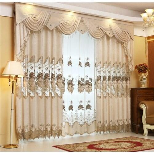 European Style Curtains for Living Dining Room Bedroom Luxury Embroidered Curtains Beige Chenille Curtain Valance Curtains Tulle