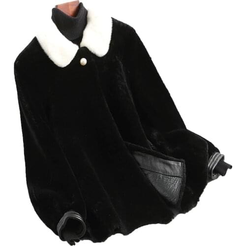 Real Wool Fur Coat Natural Mink Fur Collar Sheep Shearing Coats 2020 Winter Jacket Women PU Leather Liner 38208 WYQ2344