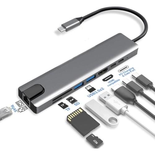 USB C Hub Type-C 3.1 to 4K HDMI-Compatible RJ45 USB SD/TF Card Reader PD Fast Charge 8-in-1 USB Dock For MacBook Air Pro PC HUB