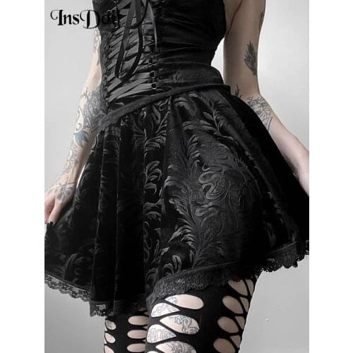 InsDoit Mall Gothic Sexy Summer Skirt Women Velvet Black Streetwear Harajuku Print Vintage Lace Skirts High Waist Short Skirts