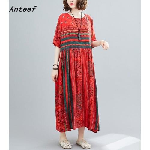 Short sleeve plus size cotton linen vintage floral dresses for women casual loose long summer beach dress elegant clothes 2021