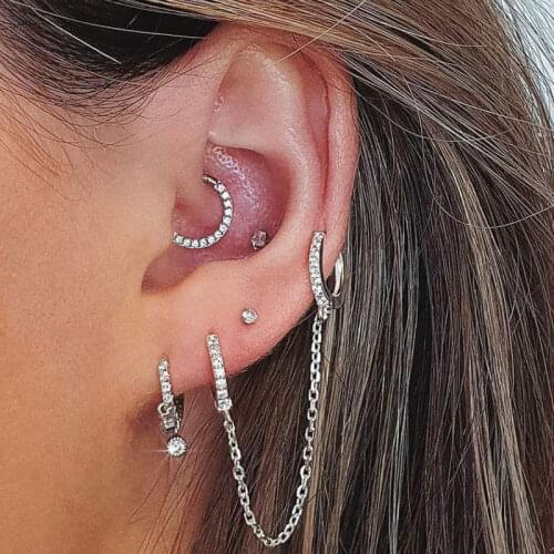 1Pcs Simple Fashion Double Two Hole Piercing Earring Huggies Hoop Earrings for Women Daisy Crystal Zircon Chain Tassel Earing