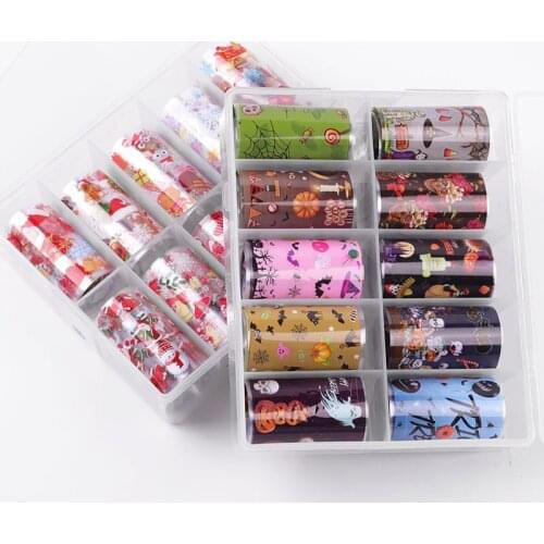 10Pcs Christmas Nail Transfer Foil Colorful Santa Claus Snowflake/Pumpkin/ Halloween Nail Decals Sticker DIY Nail Art Decoration