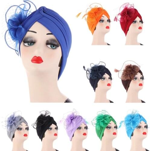 2021 New Feather Flower Turban Hat for Women Female Flower Beanies Headwrap Ready to Wear Caps Muslim Headscarf Bonnet Turbante