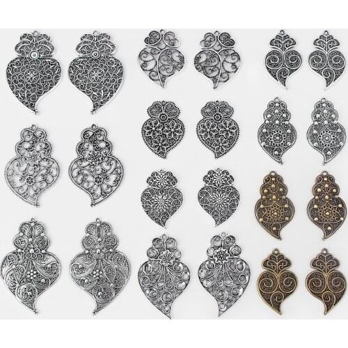 5Pairs Flower Filigree Viana Heart Charms Pendants for Necklace Earring Jewelry Making Findings