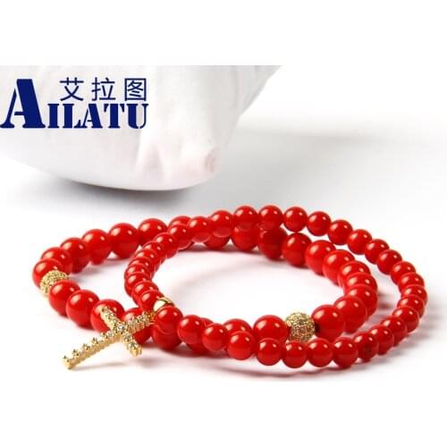 Ailatu Brand Jewelry 5mm A Grade Dyed Red Coral Stone Clear Cz Jesus Cross Beaded Bracelet for Men and Women Gift