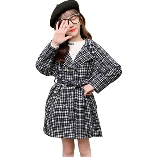 Girls Long Jacket Coat Plaid Pattern Girl Coat 2021 Newest Jacket Girl Spring Autumn Childrens Clothes 6 8 10 12 14