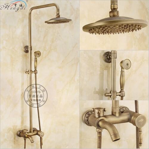 Bathroom Retro antique copper Brass Bathtub Shower Set Wall Mounted 8" Rainfall Shower Mixer Tap Faucet 3-functions Mixer Valve