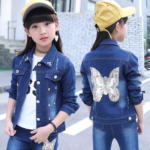 Fashion Teen Girl Denim Jacket 110cm-160cm Embedded Sequin Butterfly Ripped Star Letter Wave Hem Jean Jacket Dress Coat Decor