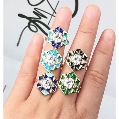 Enamel Dripping Oil Zircon Geometric Ring For Women, Adjustable Copper Gold Plated Rings Party Jewelry Gift