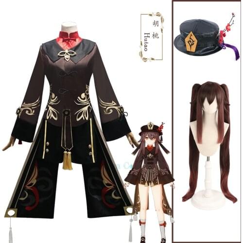 Gane Genshin Impact Hutao Cosplay Costume Uniform Wig Hat Rings Props Anime Cosplay Hu Tao Halloween Party Role Play Accessories