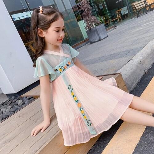 Summer Dress Girl 2019 Lovey Baby Flower Embroidery Hanfu Chinese Style Casual Princess Dress Toddler Clothing 2-7Years Outfits