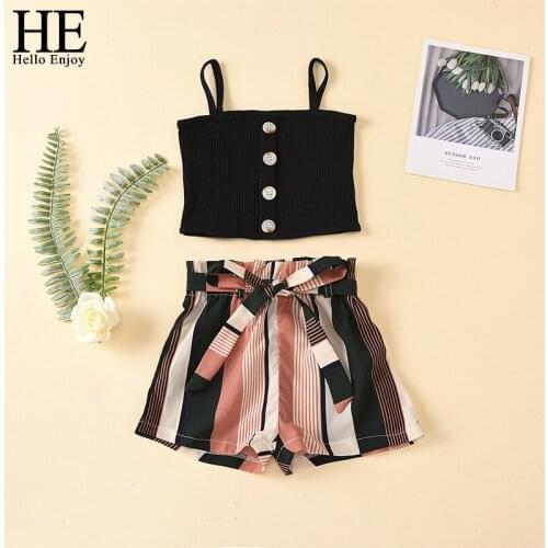 HE Hello Enjoy Summer New Fashion Baby Girls' Suit Sling Solid Color Tops And Striped Shorts Two-piece Suit Kids Clothing Set