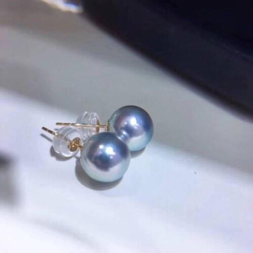 Fine Jewelry Pure 18 K Gold Natural Fresh Water Bluish Gray Pearl 7mm Stud Earrings for Women Fine Pearl Earrings