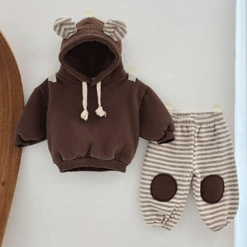 9011 Baby Clothing Set Warm Korean Girl Plush Suit Autumn Winter 2021 Hooded Bear Sweatershirt+ Patch Pants Boys Two-piece Set