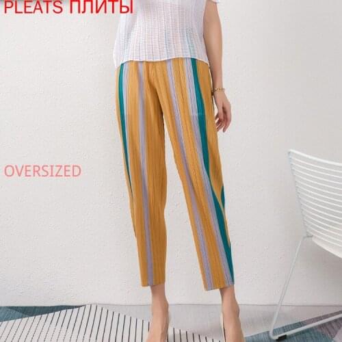 Miyake Folds Spring and Summer Casual All-match Pants Pants Womens Striped Color Matching High Waist Thin Nine-point Pants