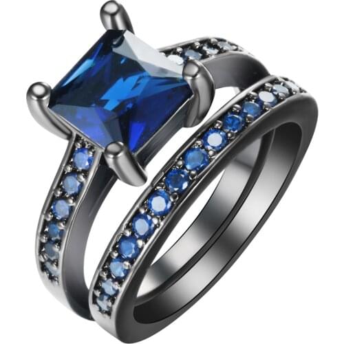 Square zircon ring sets for lady AAA+ CZ zircon Wedding Gift Luxury new Black gold-color Engagement ring set blue