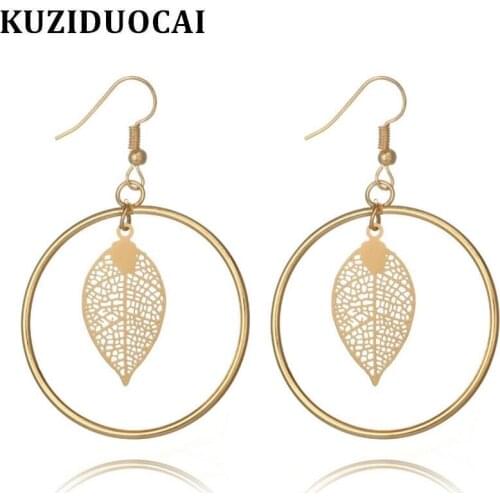 Kuziduocai New ! Fashion Fine Jewelry Pure Metal Modern Style Round Circle Openwork Leaves Stud Earrings For Women Gifts E-369