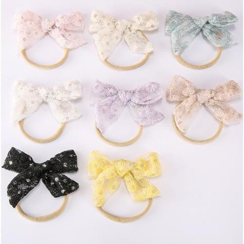 36pc/lot Solid Embroidery Lace Hair Bow Headband with Thin Nylon Headband for Baby Girls Flower Nylon Headband Hairpins Headwear