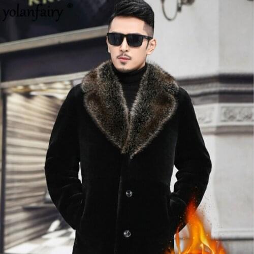 Real Fur Coat Men Sheep Shearing Winter Coat Mink Fur Collar Hooded Wool Jacket for Mens Clothing Plus Size Casaco DS493 YY779