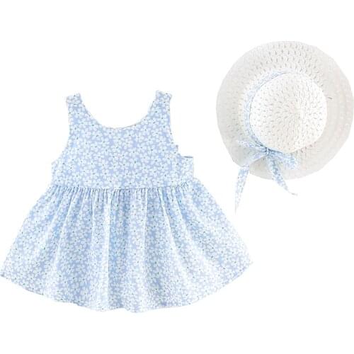 Baby Girls Dress 2021 New Summer Childrens Clothing Sling Sweet Bow Floral Print Hat Vest Dresses 1-4Years Old Children Clothes