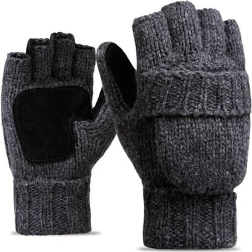 Unisex Plus Thick Male Fingerless Gloves Men Wool Winter Warm Exposed Finger Mittens Knitted Warm Flip Half Finger Gloves