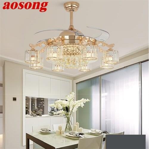 AOSONG Ceiling Fan Lights Luxury Crystal Lamp Remote Control Without Blade Modern Gold For Home Dining Room