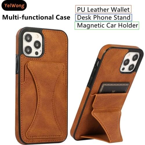 Luxury Phone Case Slim Fit Leather Cover Car Magnetic Holder For iPhone 11 12 Pro Max Mini Wallet Case Card Slot Stand Bracket