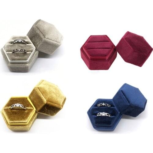 Hexagon Velvet Ring Bearer Box - Premium Gorgeous Vintage Double Ring Display Holder with Detachable Lid for Proposal, Red) Y1UA