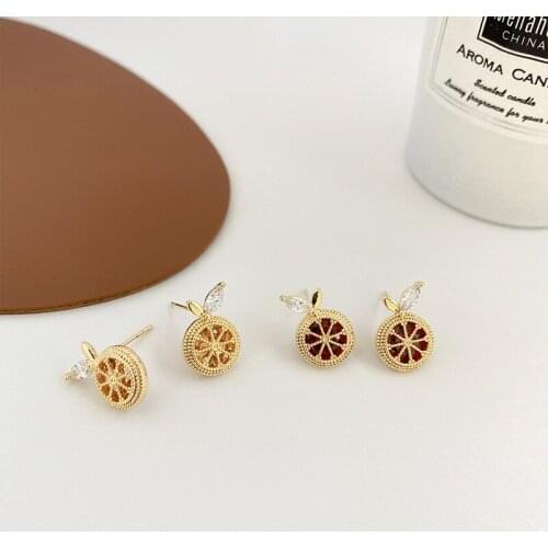 ALLNEWME Chic 2 Designs Small Round Cartoon Grapefruit Stud Earrings for Women Ladies Shinning CZ Zircon Earrings Accessories