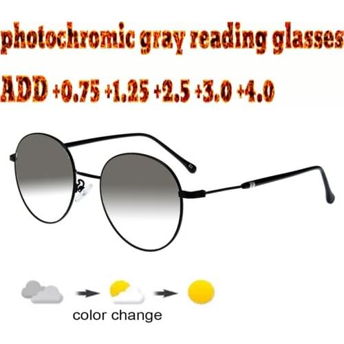 Titanium Round Anti Blu Light Ultralight Photocromic Gray Reading Glasses for Men Women+1.0 +1.5 +1.75 +2.0 +2.5 +3 +3.5 +4