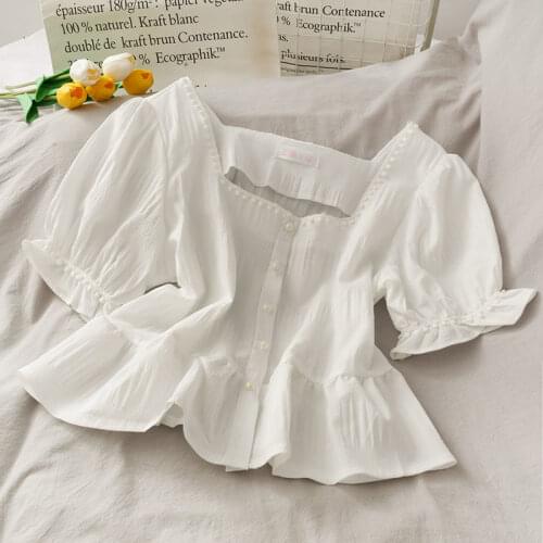 Women Summer Blouses New Chiffon Shirt Female Ruffles Square Collar Pearl Buckle Solid Vintage Fashion Casual Slim Tops