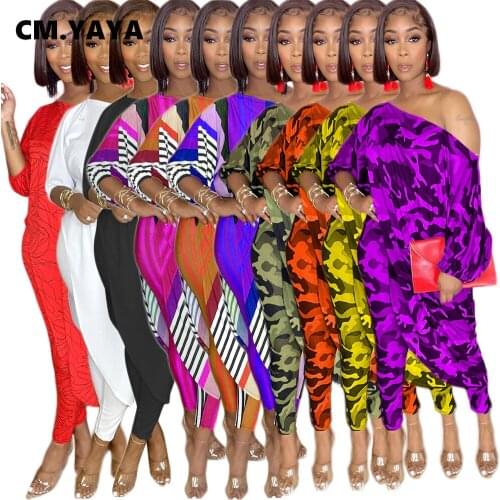 CM.YAYA Women Set Full Sleeve Skew Collar Loose Asymmetrical Long Tops Pencil Pants Two 2 Piece Sets Fashion Outfit Summer 2021