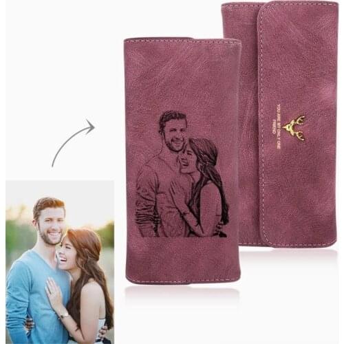 Womens Photo Engraved Trifold Photo Long Scrub Retro Multi-function Clasp Clutch Cover High Capacity Wallet Womens Wallet