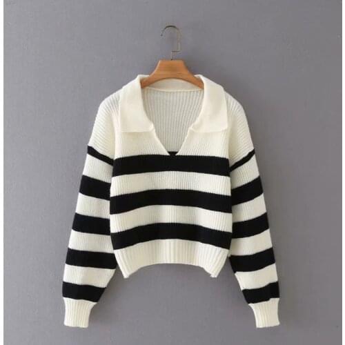 MESTTRAF Women 2021 Fashion Striped POLO Collar Loose Knit Sweater Retro Long Sleeve Pullover Streetwear