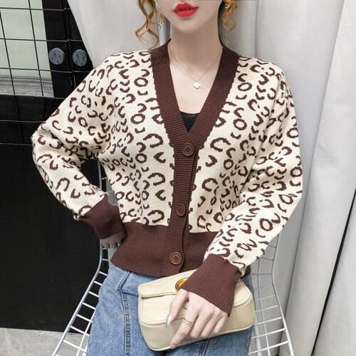 Autumn Winter Women Knitted Cardigan Coat Leopard Cardigan Sweater Single Breasted Button Cardigan Coat Female Short Kintwear
